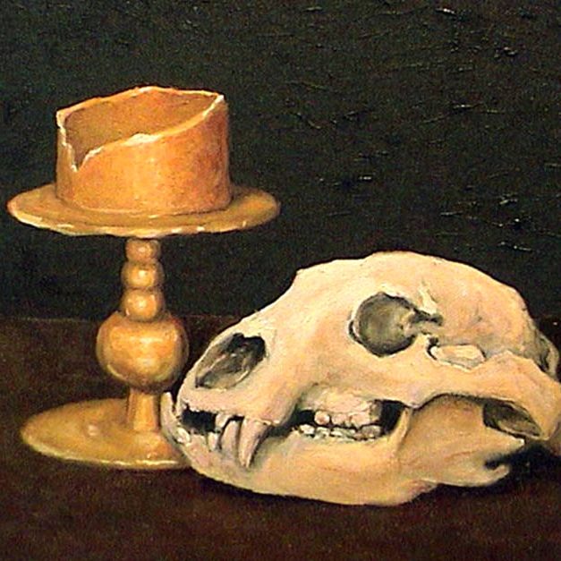 Bear skull & candle - oil on canvas/wood framed - 12” x 9” - FOR SALE (email for price)